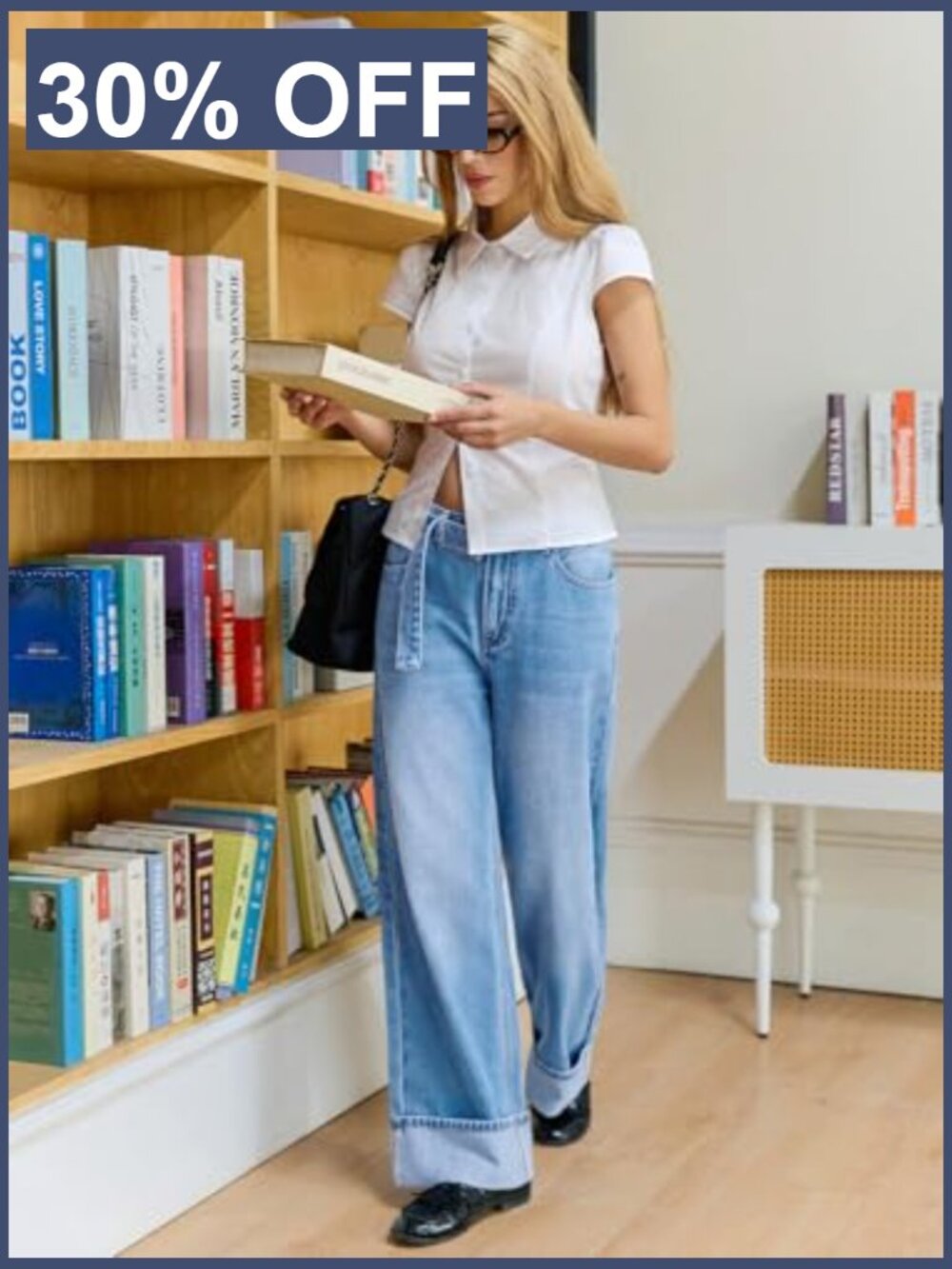 High Waisted Wide Leg Cuffed Denim Jeans with Belted Detail - Picture 4 of 7
